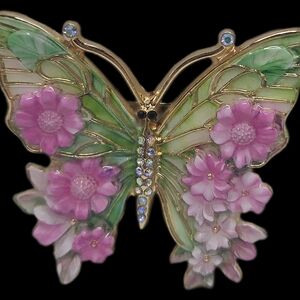 Floral Butterfly Brooch with Pink and Green Accents
